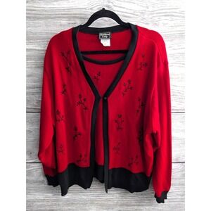 VTG Southern Lady‎ PLus Size 2X XX Red Black Floral Embroidered Cardigan Sweater
